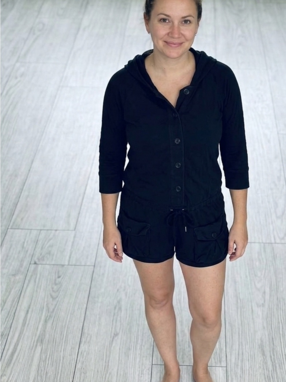 Juicy Couture Navy Black Terry Cloth Hooded Cap Short Sleeve Romper L